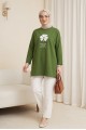 Önü Çiçek Nakışlı Bisiklet Yaka Penye Tunik -Yeşil