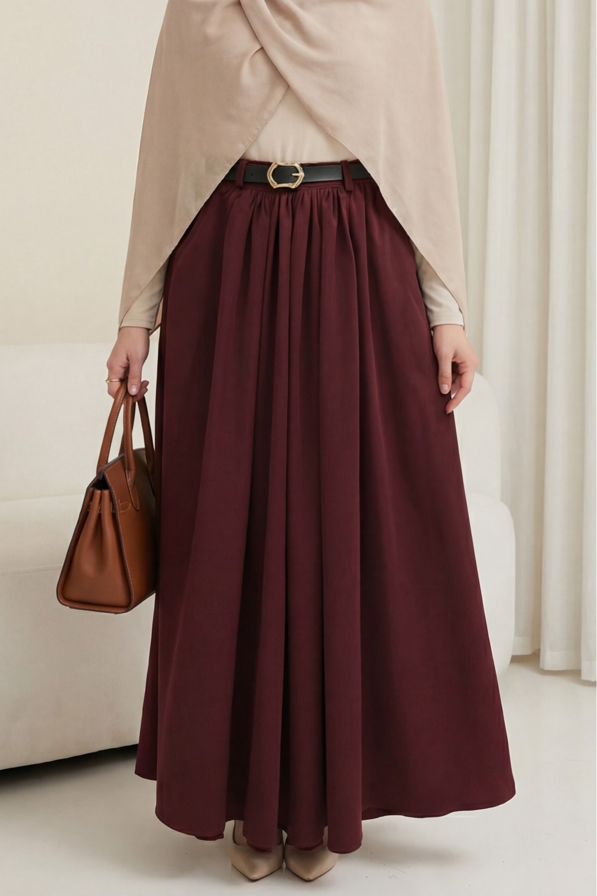 Tokalı Kemerli Piliseli Yan Cepli Fermuarlı Tivil Etek -Bordo