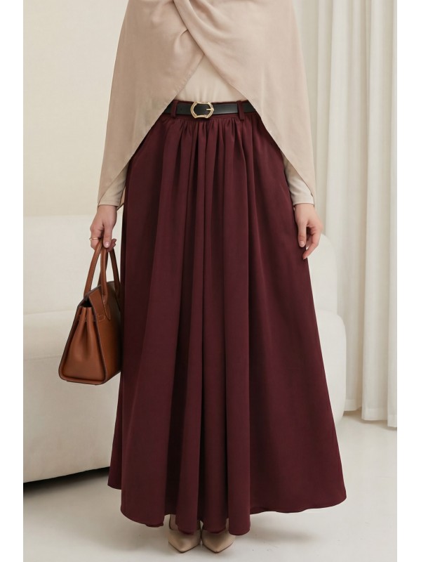 Tokalı Kemerli Piliseli Yan Cepli Fermuarlı Tivil Etek -Bordo