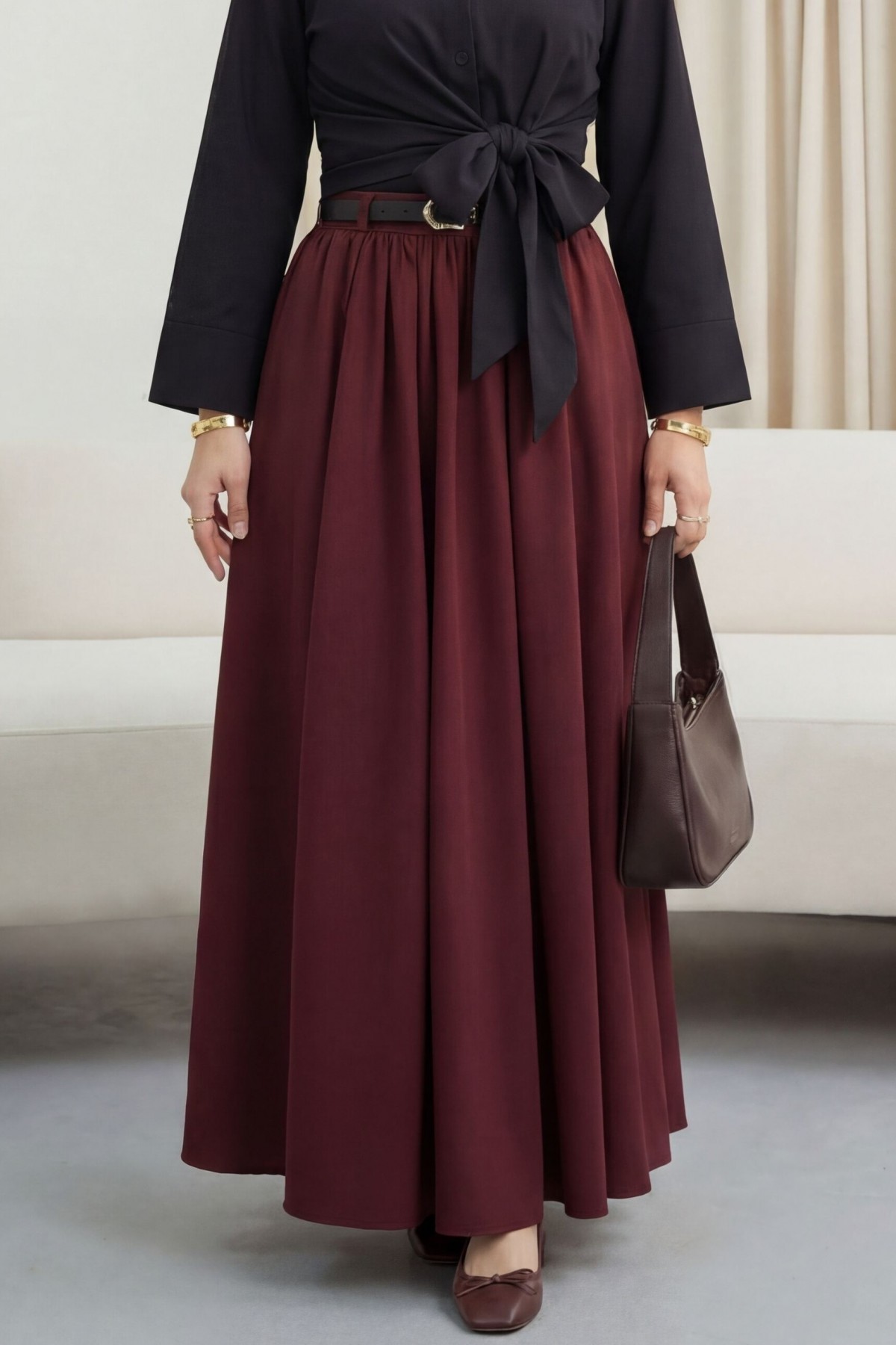 Tokalı Kemerli Piliseli Yan Cepli Fermuarlı Tivil Etek -Bordo