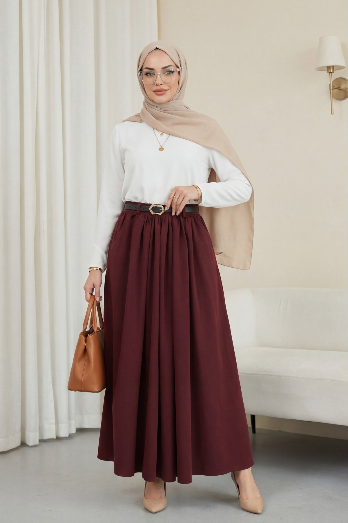 Tokalı Kemerli Piliseli Yan Cepli Fermuarlı Tivil Etek -Bordo