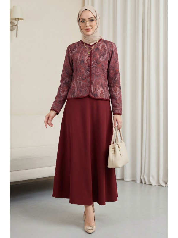 Top Düğme Etnik Desen Etekli Krep Takım -Bordo