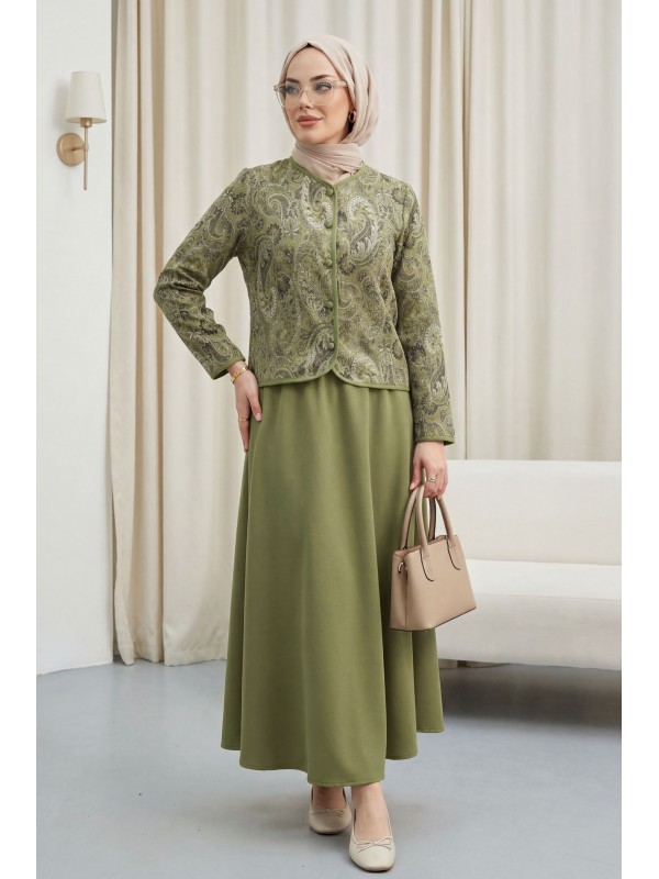 Top Düğme Etnik Desen Etekli Krep Takım -Haki