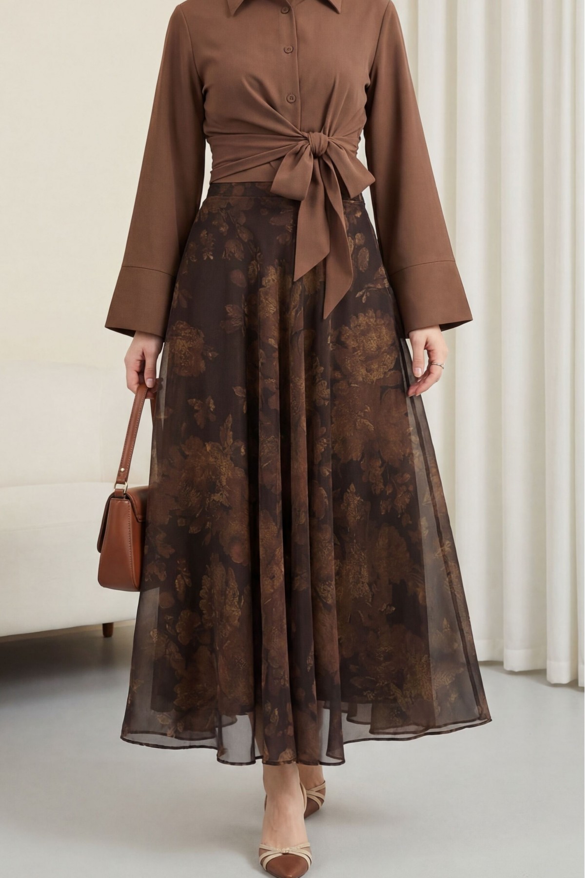 Yandan Fermuarlı Desenli Astarlı Şifon Etek -Kahve