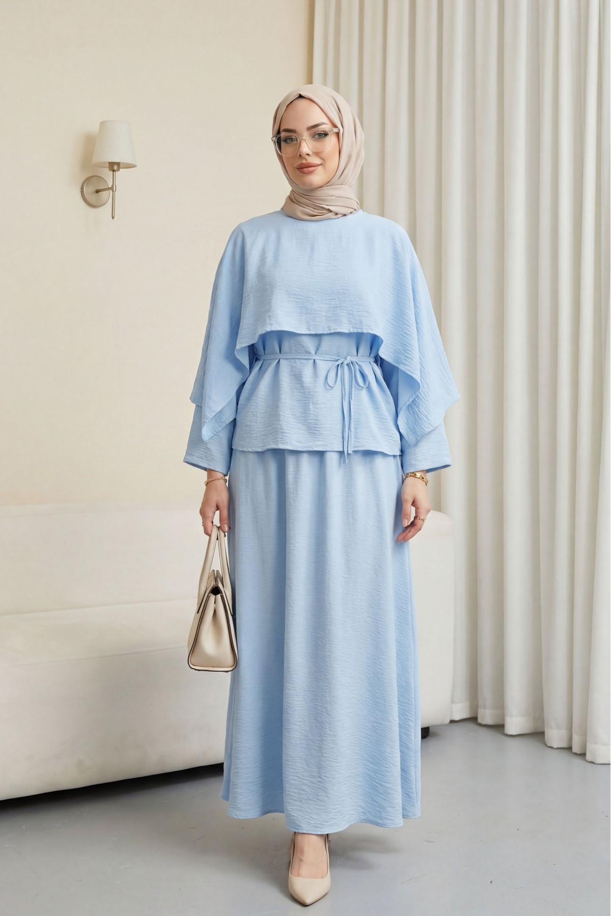 Pelerin Detaylı Beli Bağlamalı Etekli Cupra Takım  -Bebe Mavi