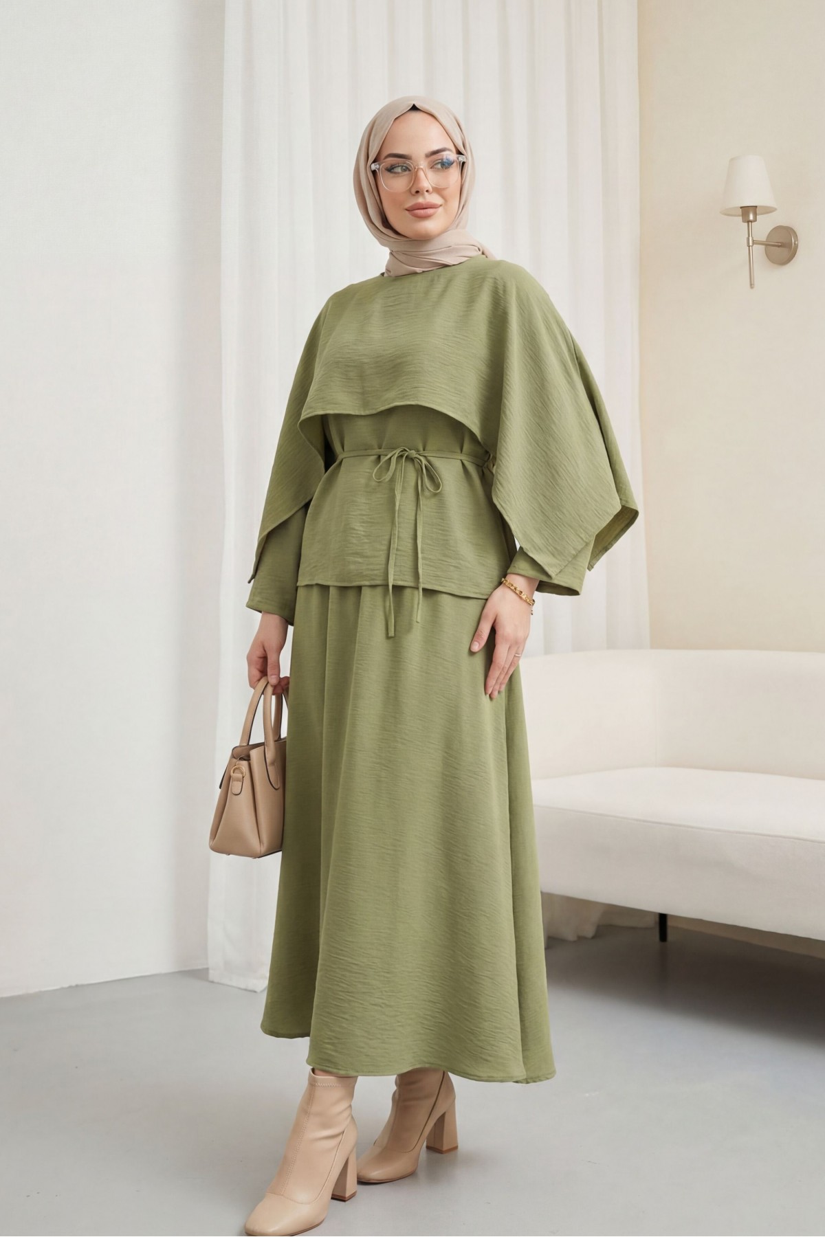 Pelerin Detaylı Beli Bağlamalı Etekli Cupra Takım  -Haki