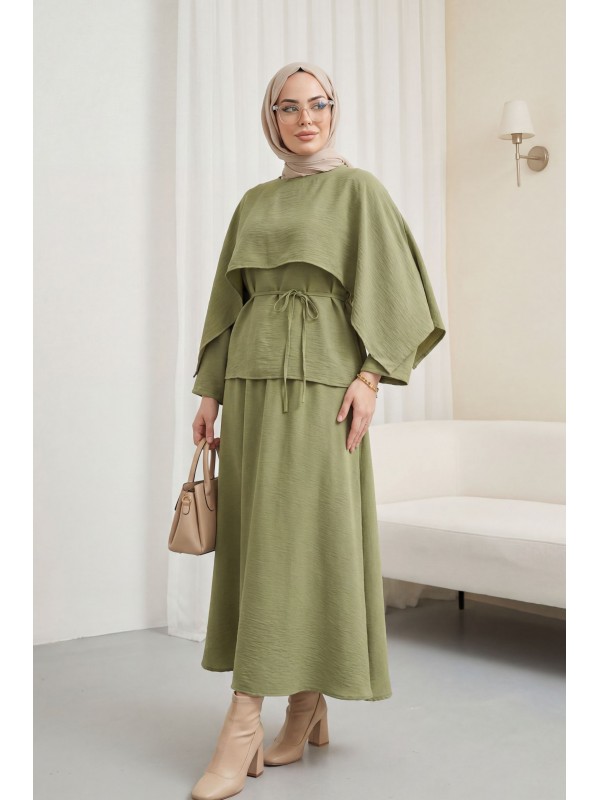 Pelerin Detaylı Beli Bağlamalı Etekli Cupra Takım  -Haki