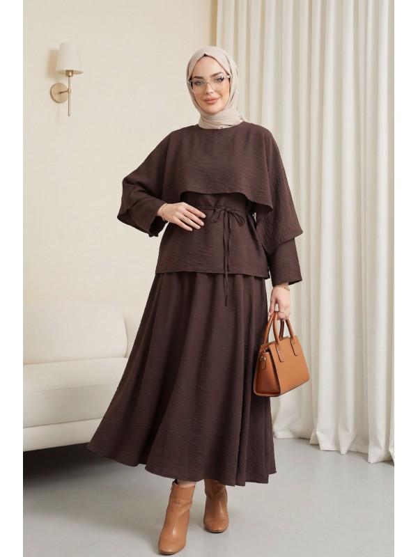 Pelerin Detaylı Beli Bağlamalı Etekli Cupra Takım  -K. Kahve