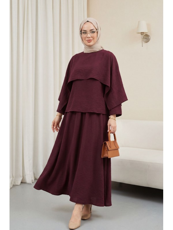 Pelerin Detaylı Beli Bağlamalı Etekli Cupra Takım  -Mürdüm