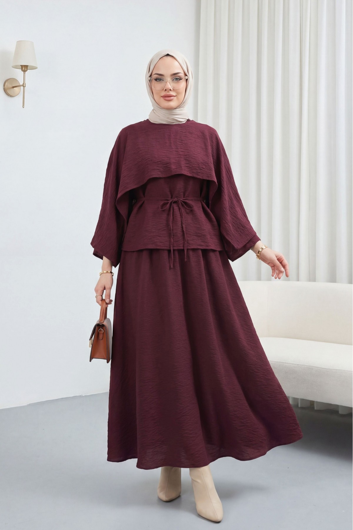 Pelerin Detaylı Beli Bağlamalı Etekli Cupra Takım  -Mürdüm