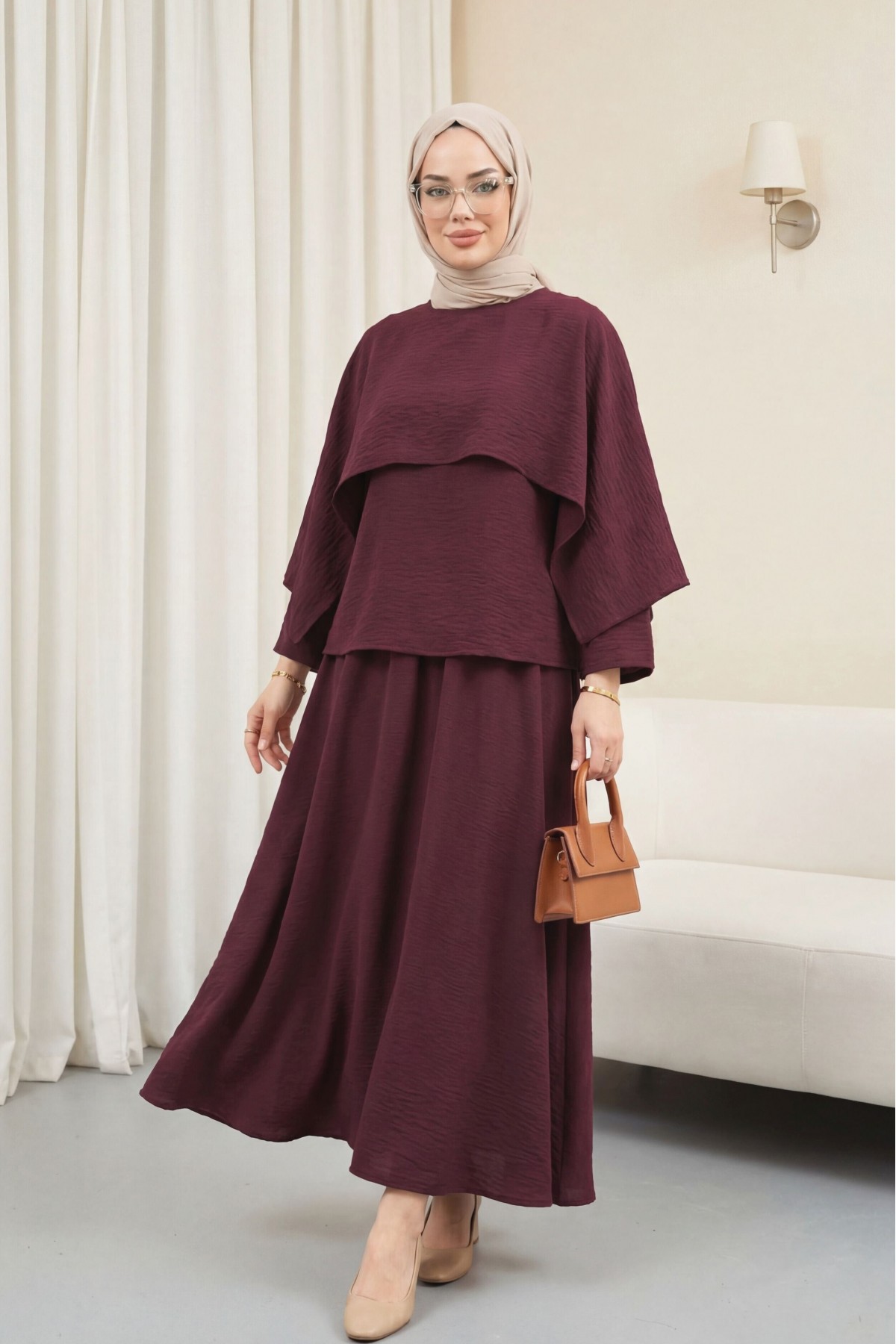 Pelerin Detaylı Beli Bağlamalı Etekli Cupra Takım  -Mürdüm