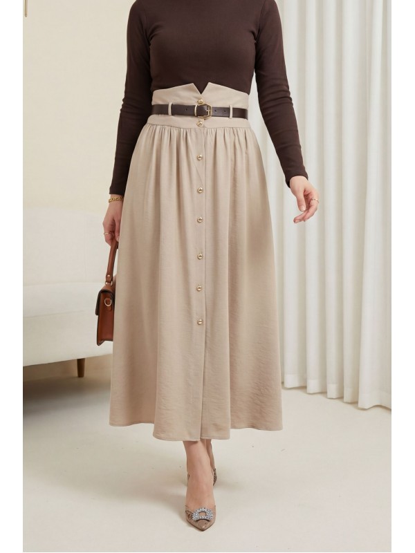Beli Lastikli Ve Kemerli Önü Düğmeli Yüksek Bel Modal Etek -Taş