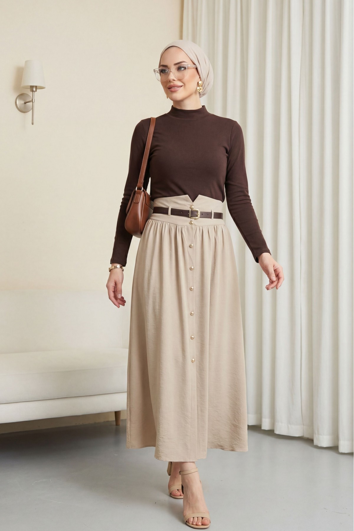 Beli Lastikli Ve Kemerli Önü Düğmeli Yüksek Bel Modal Etek -Taş