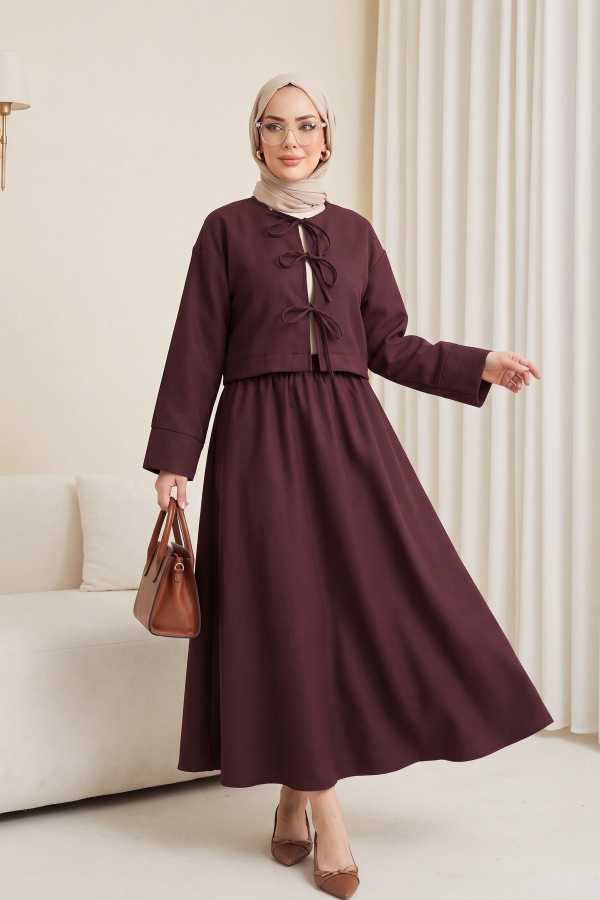 Önü Bağcıklı Beli Lastikli Etekli Keten Takım         -Koyu Mor