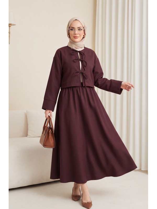 Önü Bağcıklı Beli Lastikli Etekli Keten Takım         -Koyu Mor