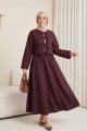 Önü Bağcıklı Beli Lastikli Etekli Keten Takım         -Koyu Mor