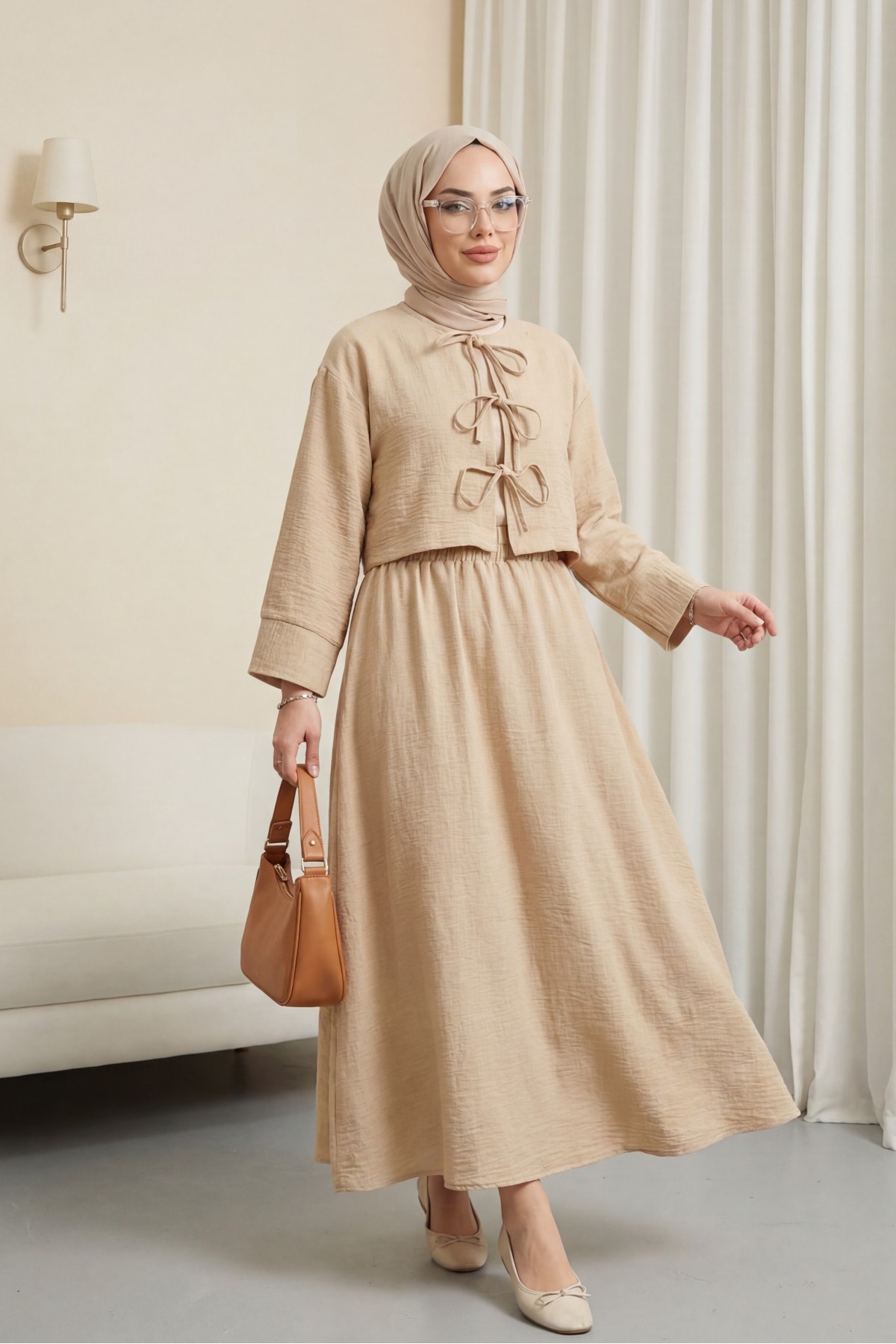 Önü Bağcıklı Beli Lastikli Etekli Keten Takım         -Vizon