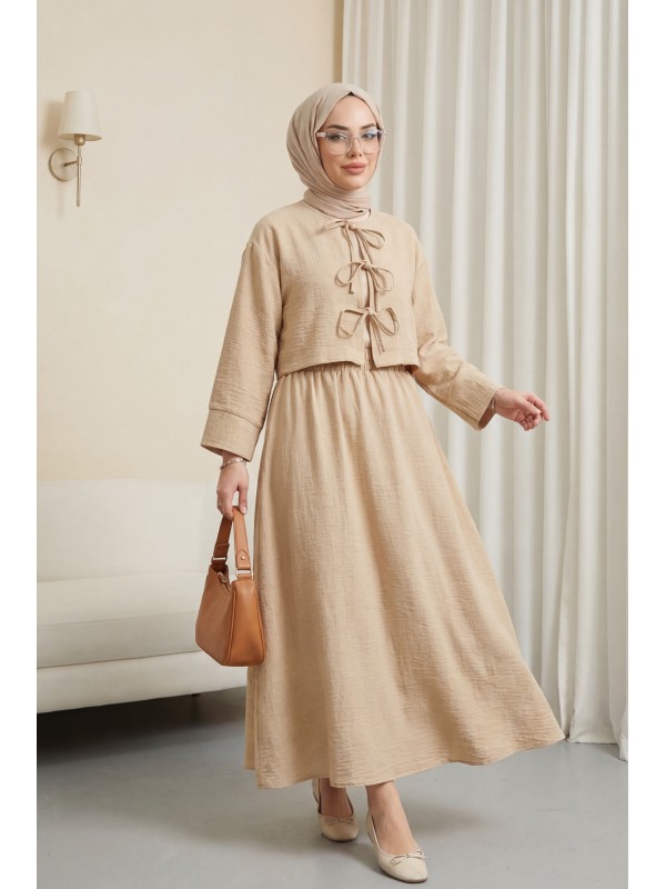 Önü Bağcıklı Beli Lastikli Etekli Keten Takım         -Vizon