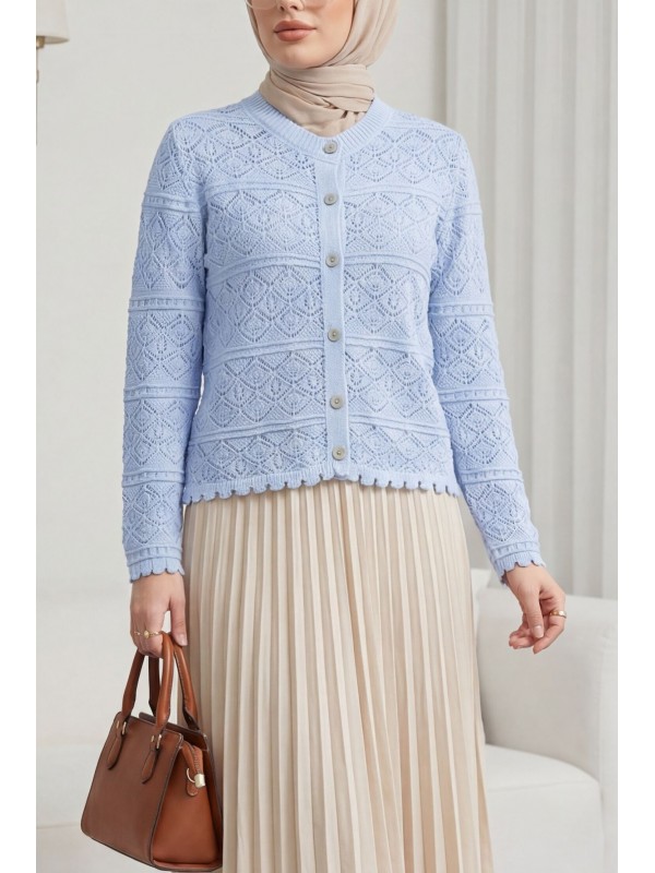 Düğmeli Desenli Ajurlu Triko Hırka  -Bebe Mavi