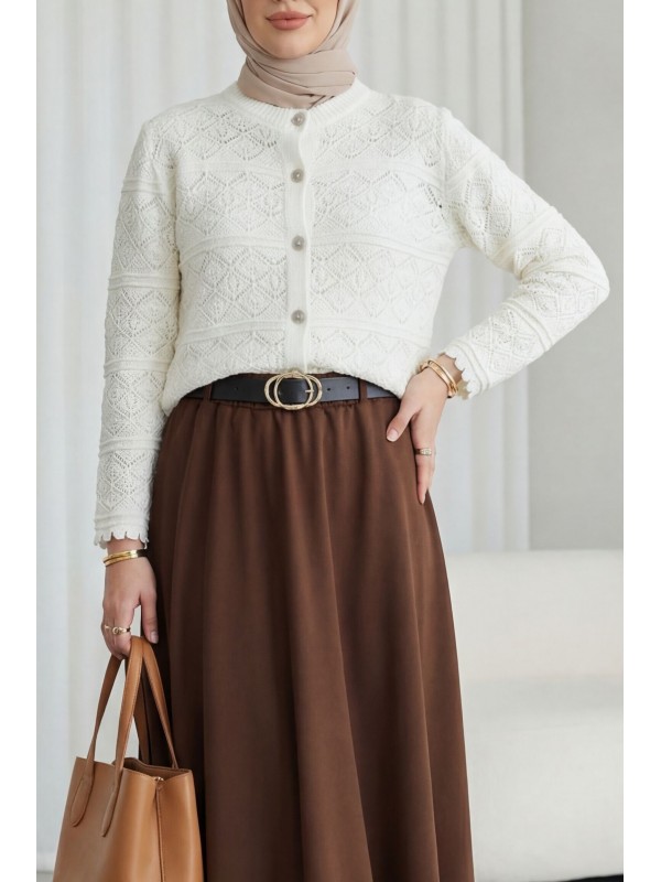 Düğmeli Desenli Ajurlu Triko Hırka  -Beyaz