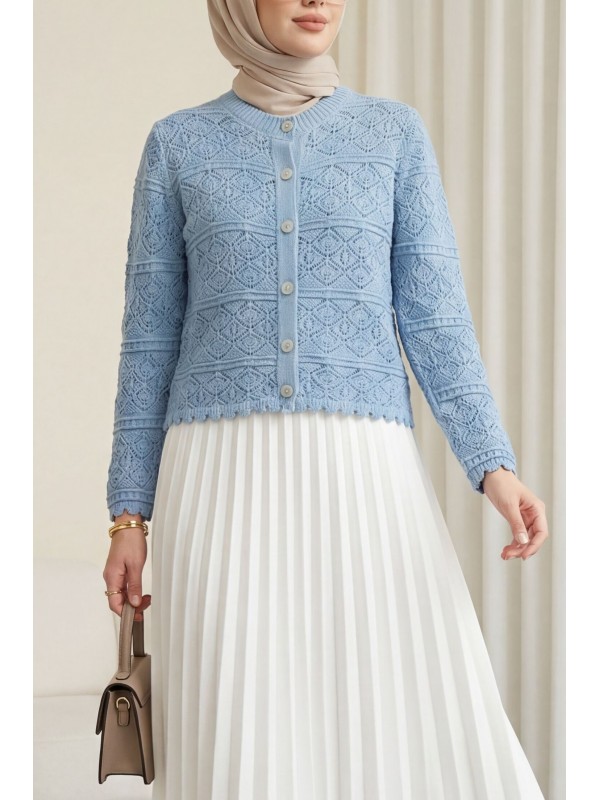 Düğmeli Desenli Ajurlu Triko Hırka  -Buz Mavi