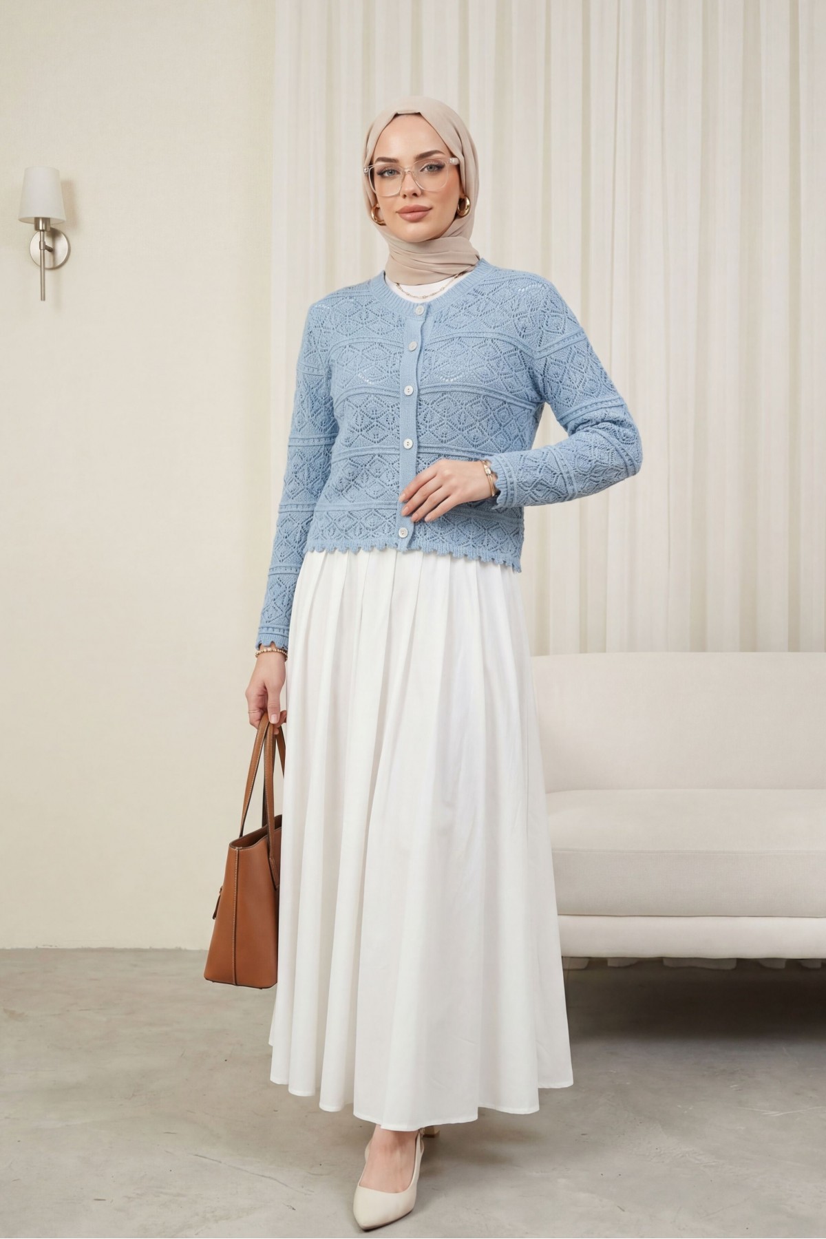 Düğmeli Desenli Ajurlu Triko Hırka  -Buz Mavi