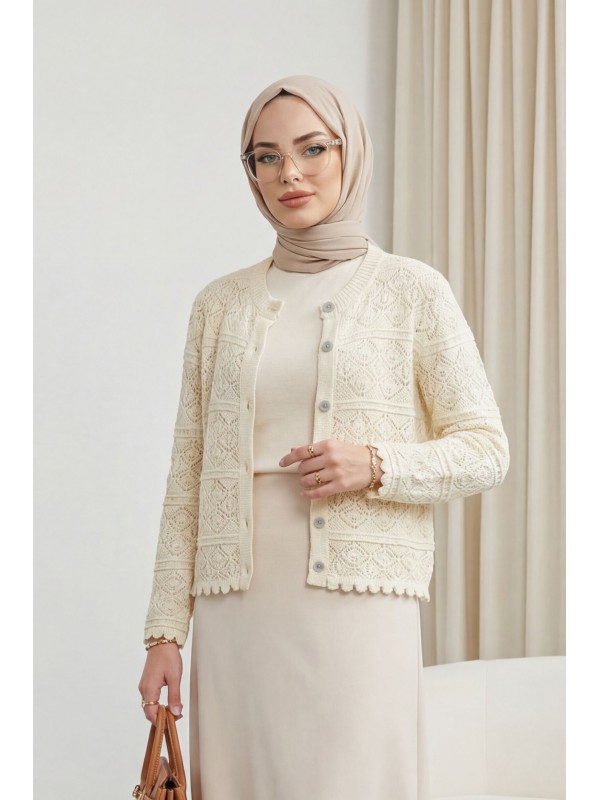 Düğmeli Desenli Ajurlu Triko Hırka  -Krem