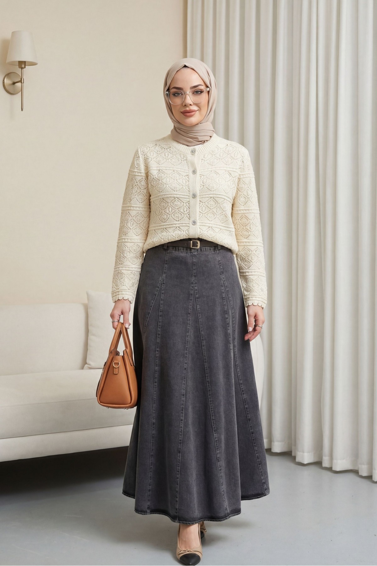 Düğmeli Desenli Ajurlu Triko Hırka  -Krem