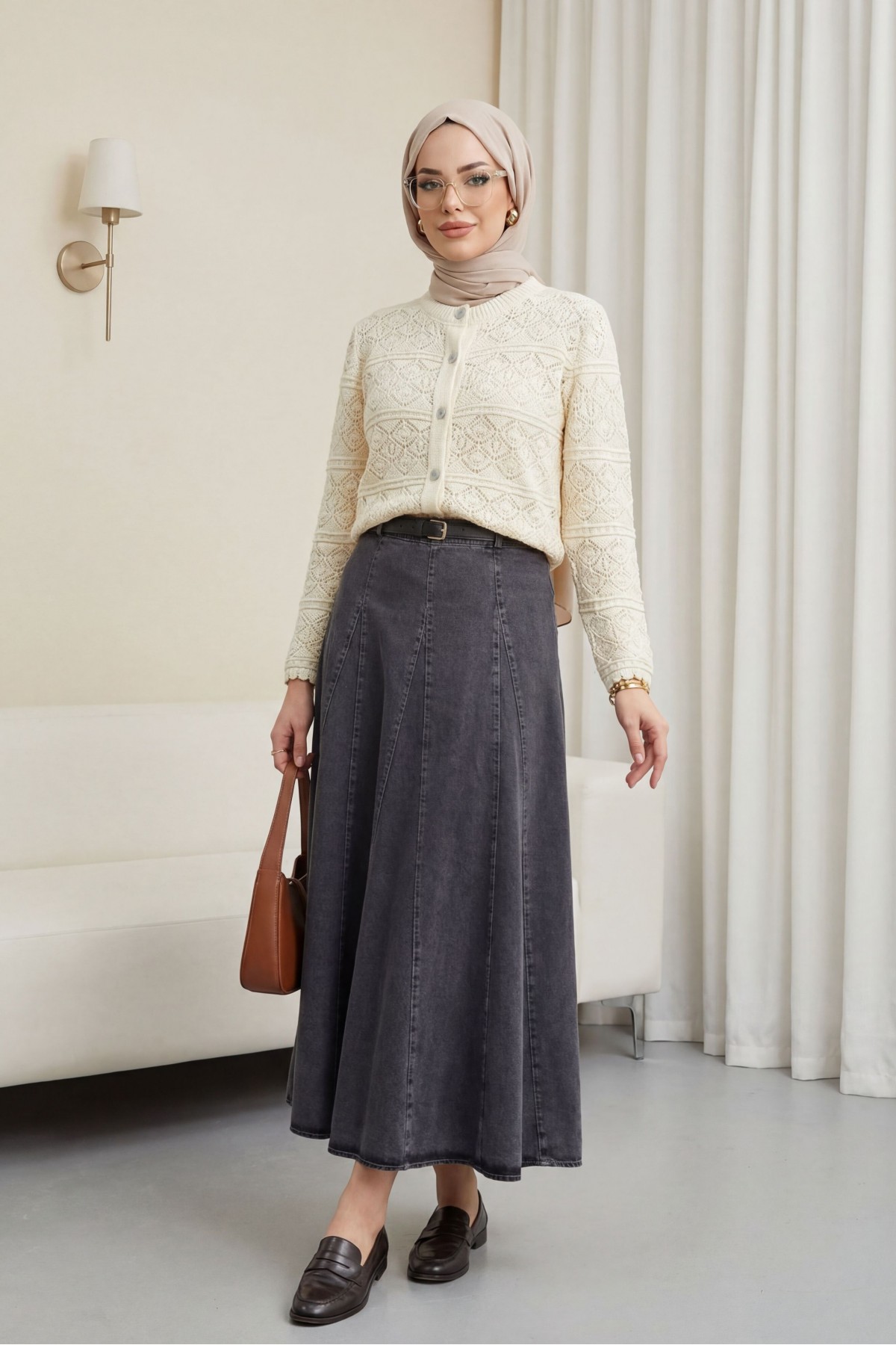 Düğmeli Desenli Ajurlu Triko Hırka  -Krem