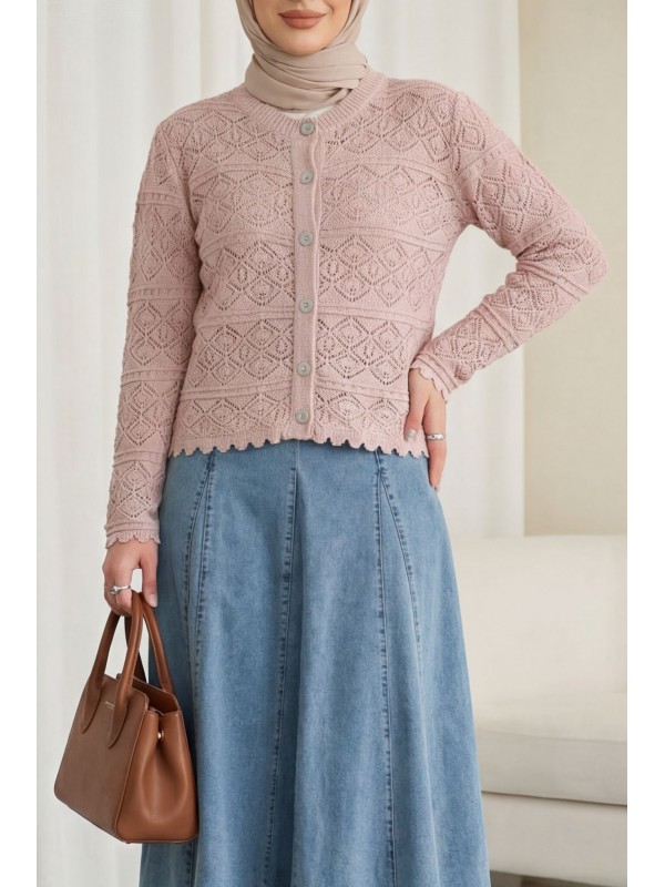 Düğmeli Desenli Ajurlu Triko Hırka  -Pudra
