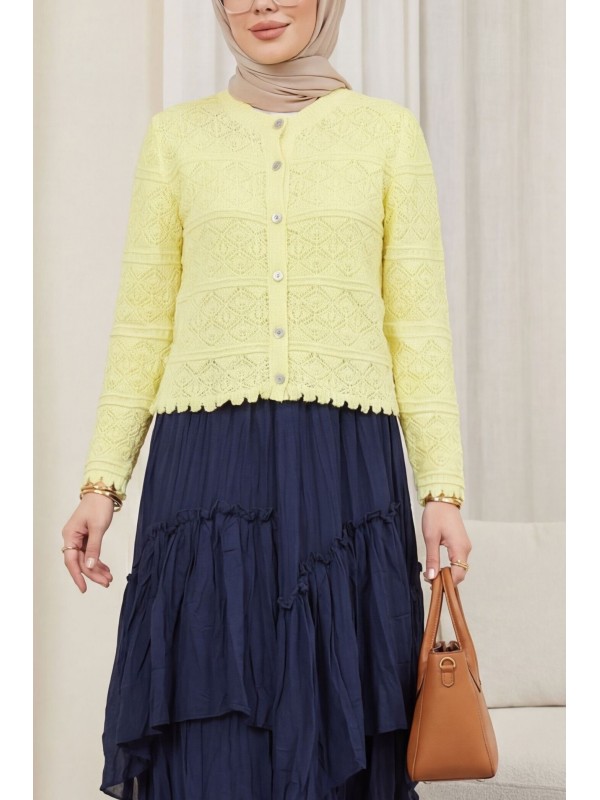 Düğmeli Desenli Ajurlu Triko Hırka  -Sarı