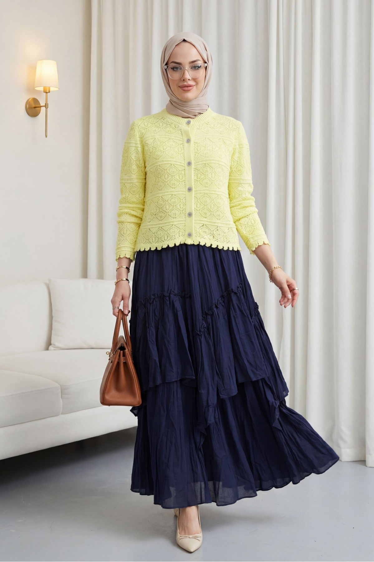 Düğmeli Desenli Ajurlu Triko Hırka  -Sarı