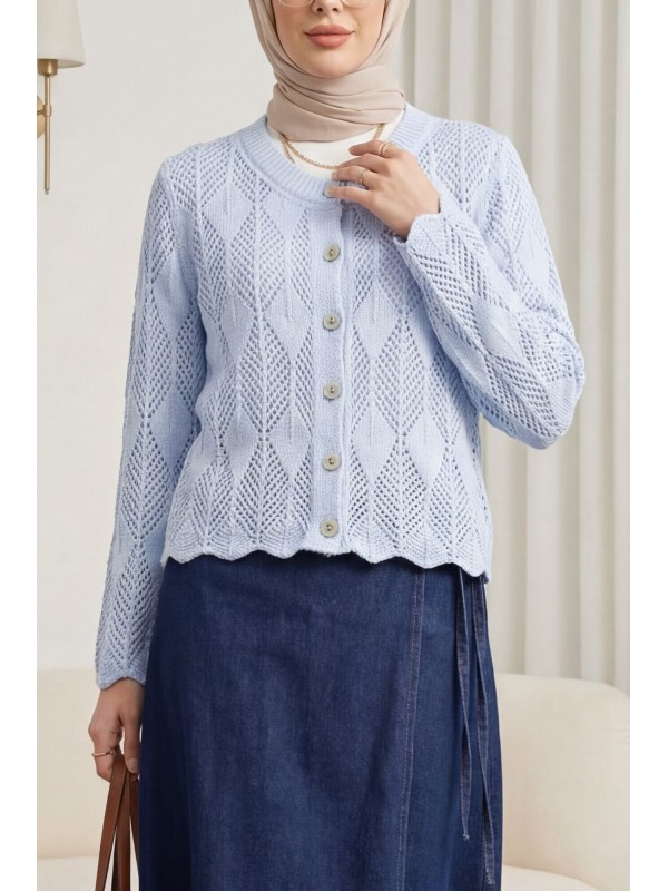 Yaprak Desenli Ajurlu Triko Hırka  -Buz Mavi