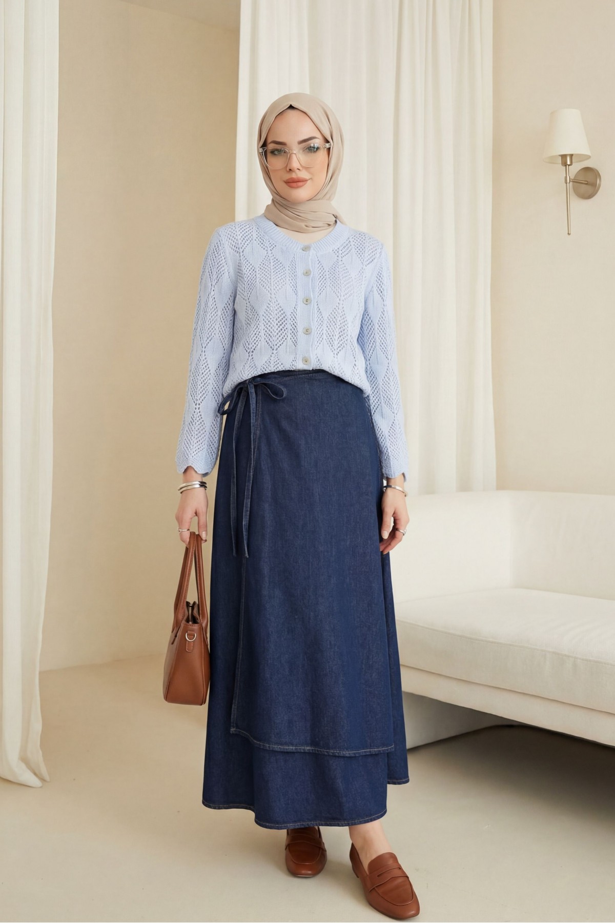 Yaprak Desenli Ajurlu Triko Hırka  -Buz Mavi