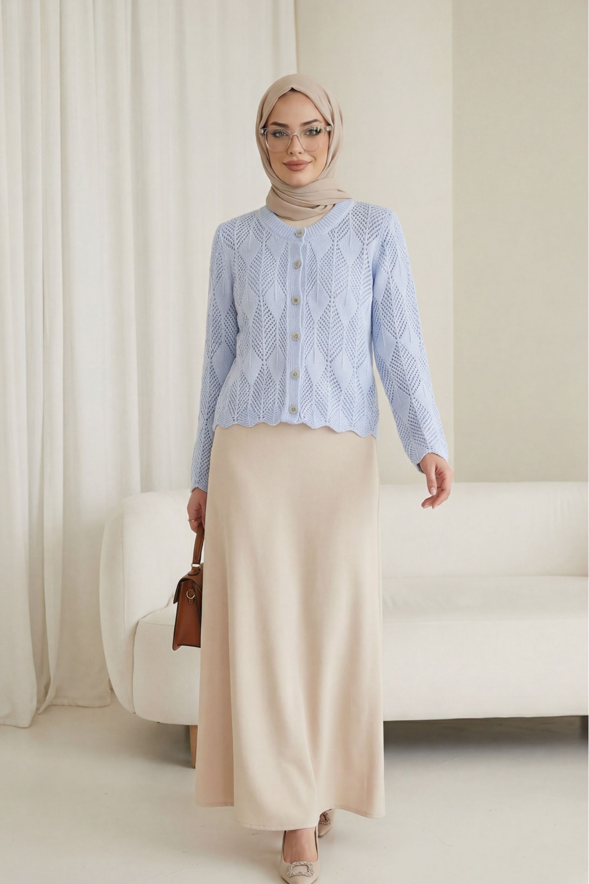 Yaprak Desenli Ajurlu Triko Hırka  -Buz Mavi