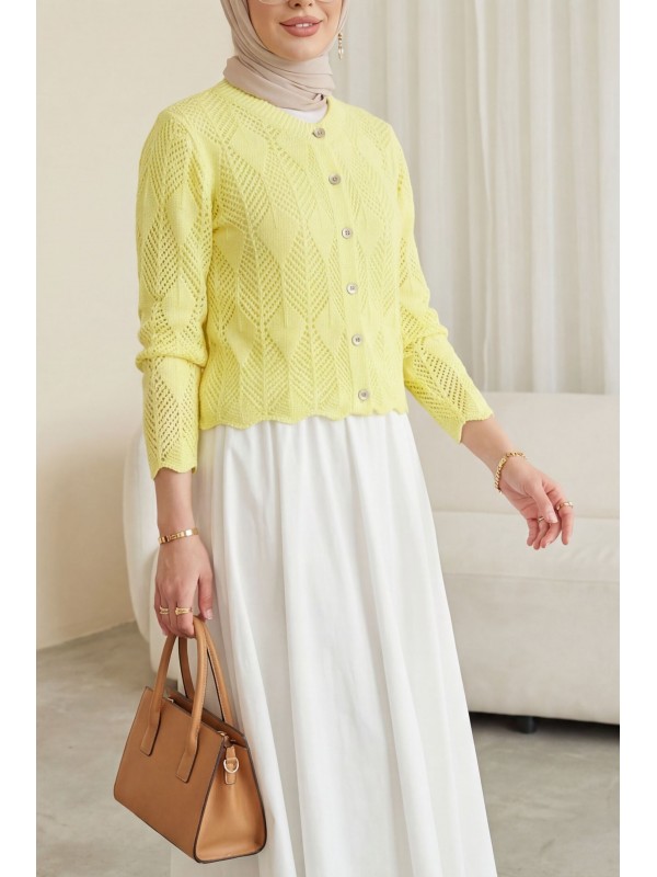 Yaprak Desenli Ajurlu Triko Hırka  -Sarı