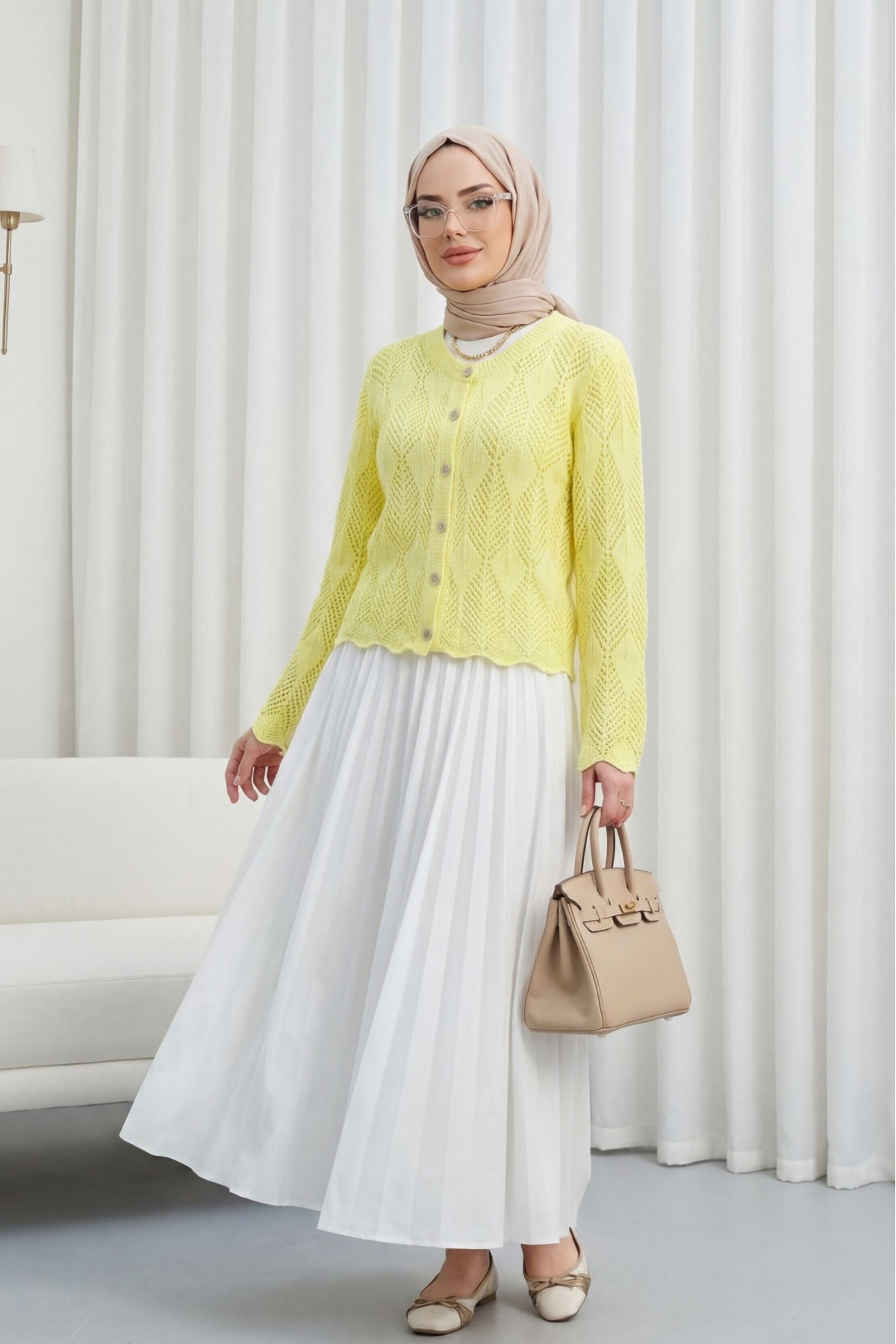 Yaprak Desenli Ajurlu Triko Hırka  -Sarı