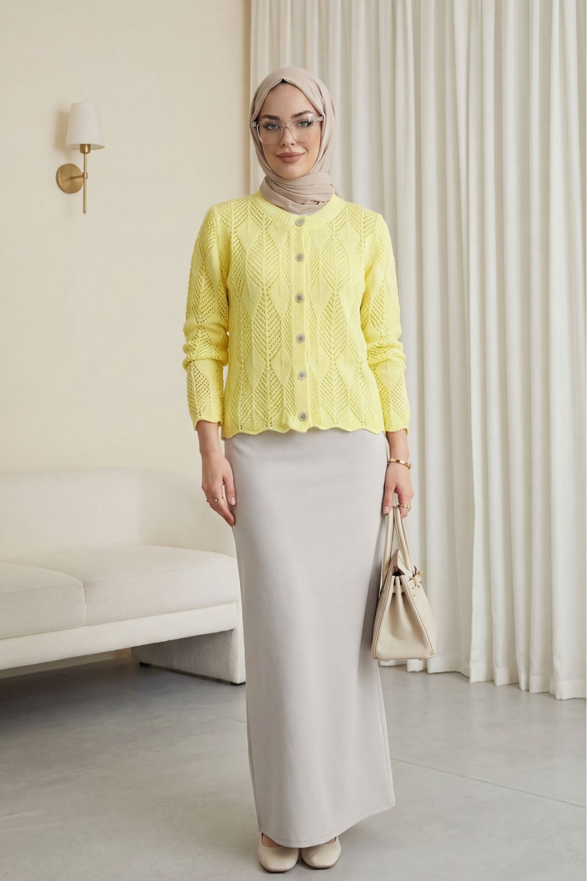 Yaprak Desenli Ajurlu Triko Hırka  -Sarı