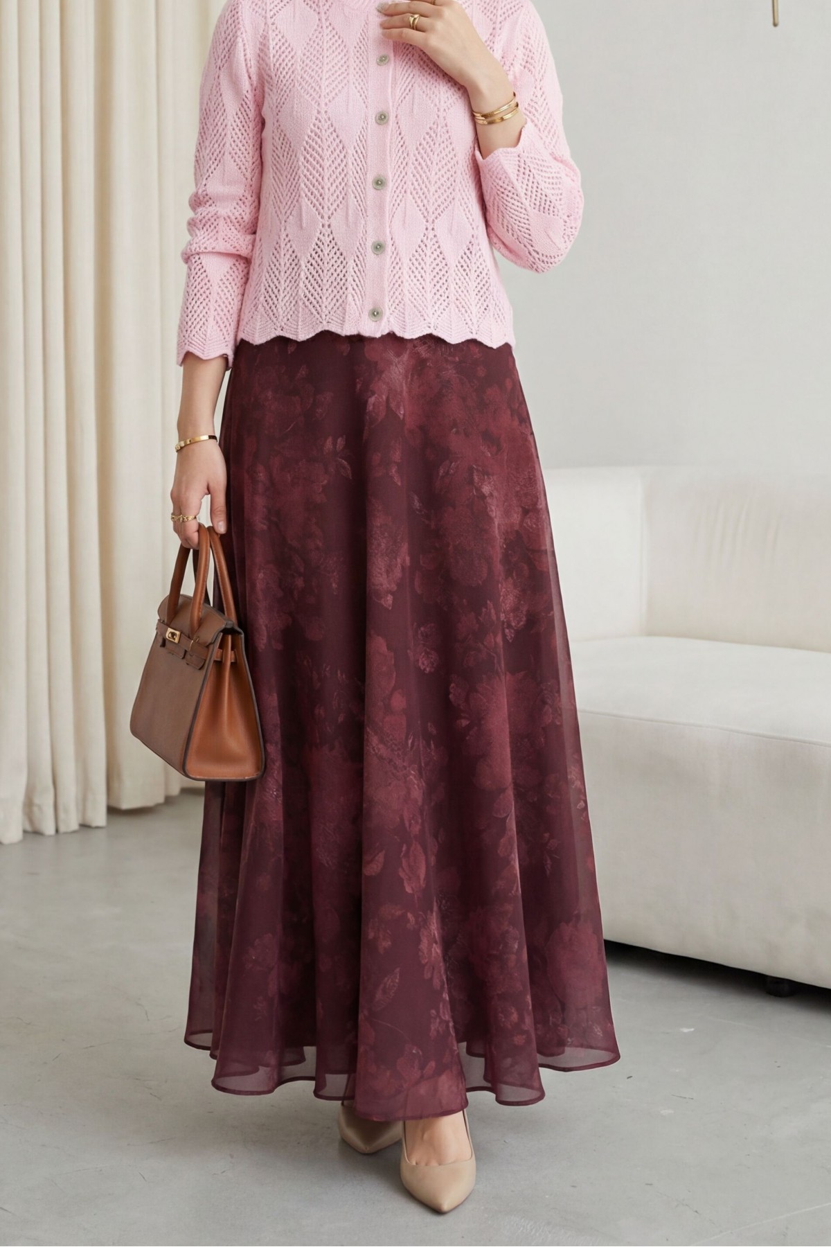 Yaprak Desenli Ajurlu Triko Hırka   -Pembe