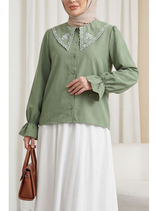 Bebe Yaka Fistolu Kolu Lastikli Poplin Gömlek Bluz  -Çağla Y.