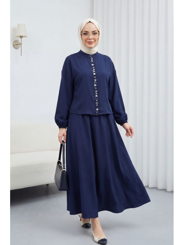 Kolu Lastikli Önü İncili Düğmeli Etekli Modal Takım -Laci