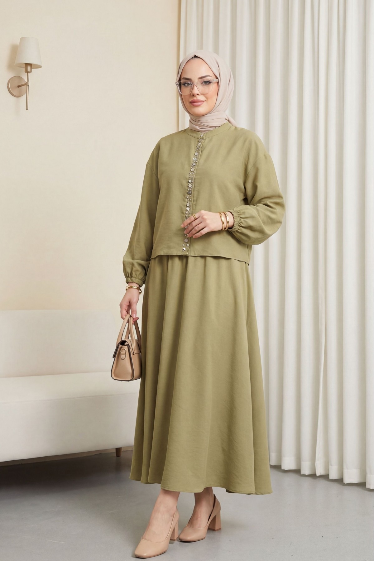 Kolu Lastikli Önü İncili Düğmeli Etekli Modal Takım -Zeytin