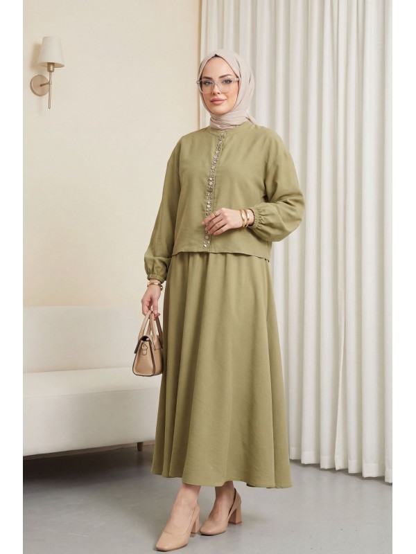 Kolu Lastikli Önü İncili Düğmeli Etekli Modal Takım -Zeytin