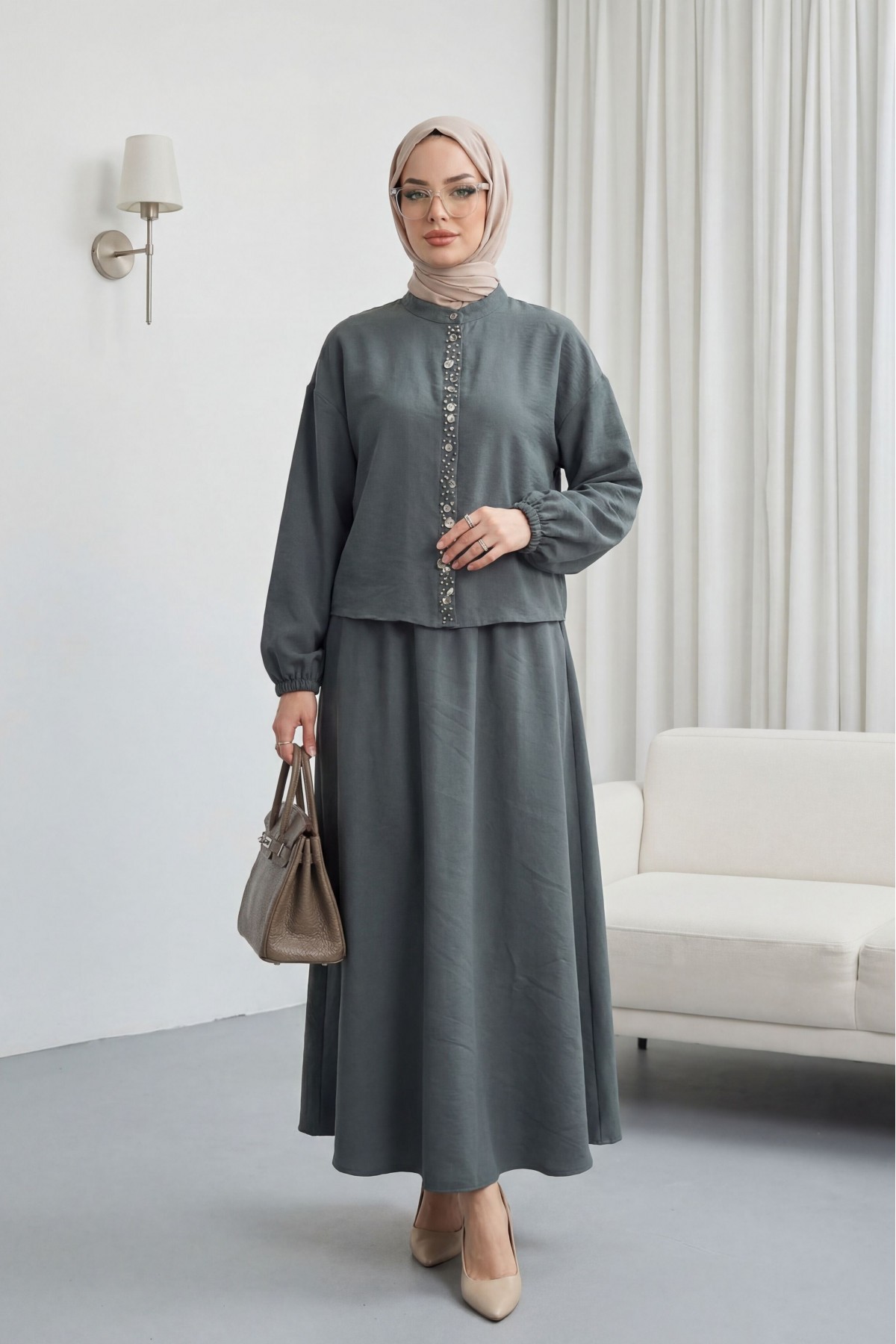 Kolu Lastikli Önü İncili Düğmeli Etekli Modal Takım  -Petrol