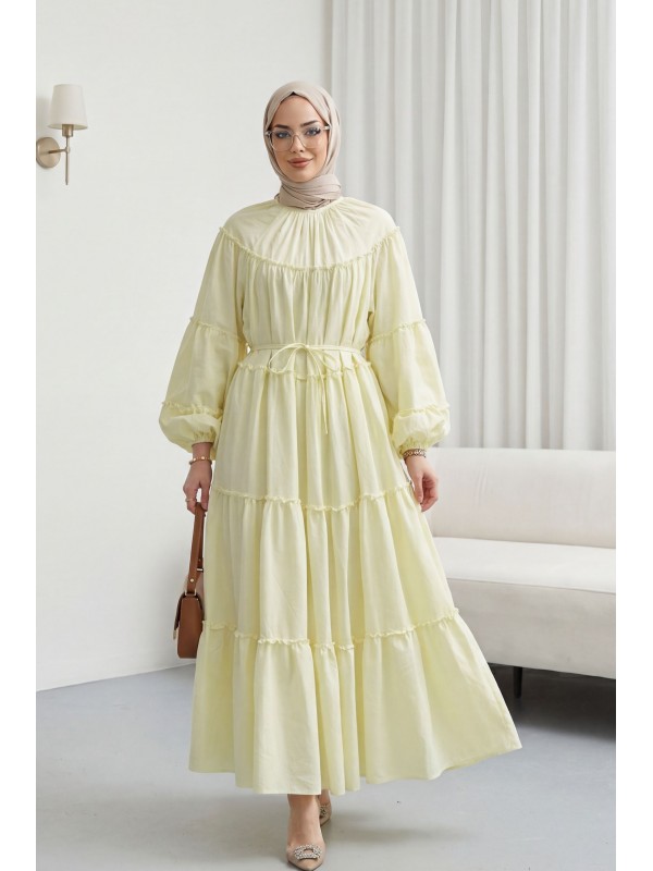 Kolu Lastikli Beli Bağlamalı Katlı Fırfır Detaylı Elbise  -Açık Sarı