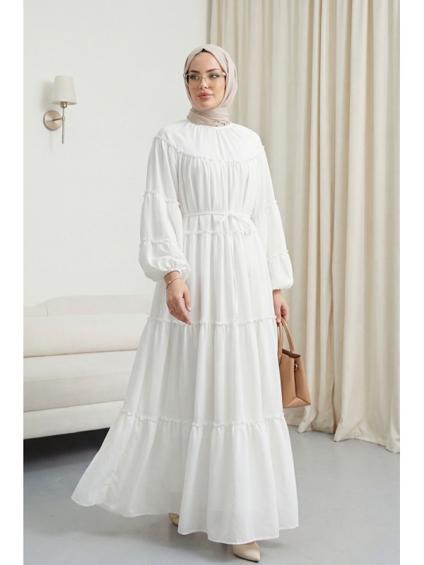Kolu Lastikli Beli Bağlamalı Katlı Fırfır Detaylı Elbise  -Beyaz
