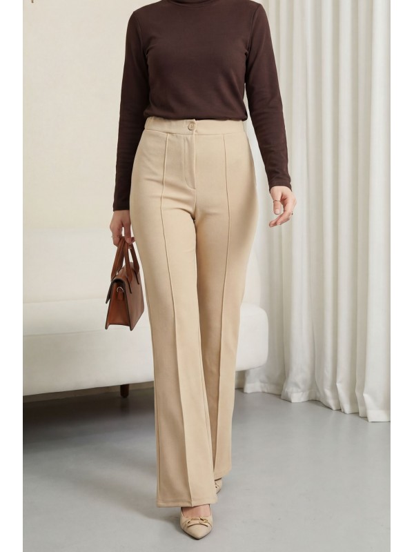 Düğmeli Beli Lastikli Likralı Palazzo Pantolon  -Bej
