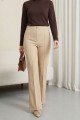 Düğmeli Beli Lastikli Likralı Palazzo Pantolon  -Bej
