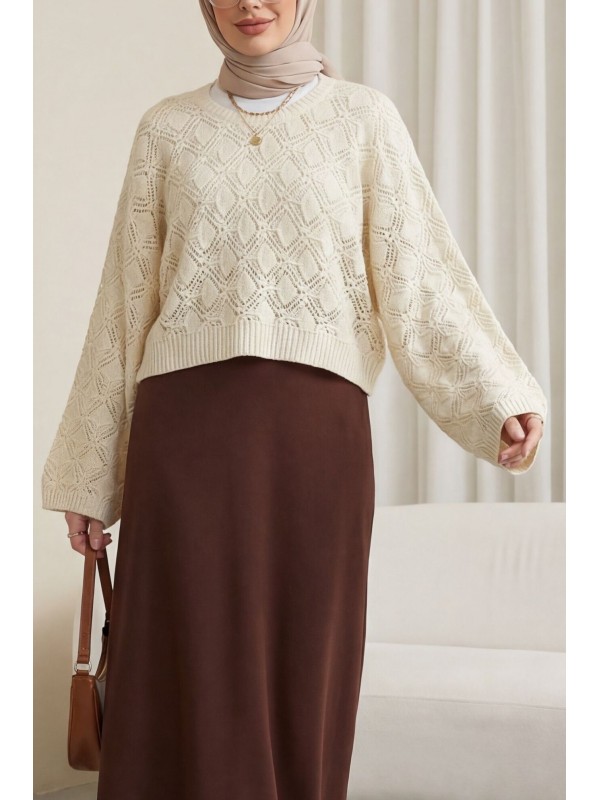 Yuvarlak Yaka Yarasa Kol Ajurlu Triko Kazak -Krem