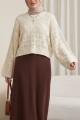 Yuvarlak Yaka Yarasa Kol Ajurlu Triko Kazak -Krem